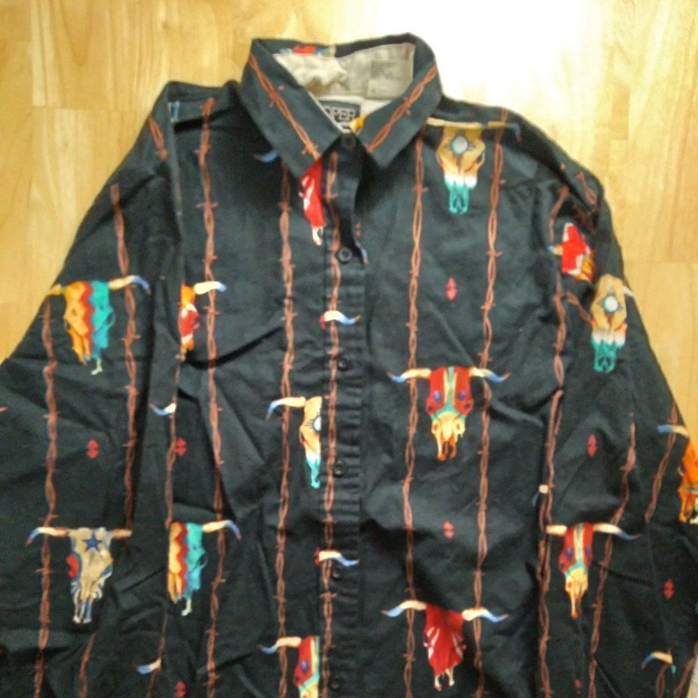 Vintage Roper Cattle Skulls Barbed Wire Western Button Down Shirt